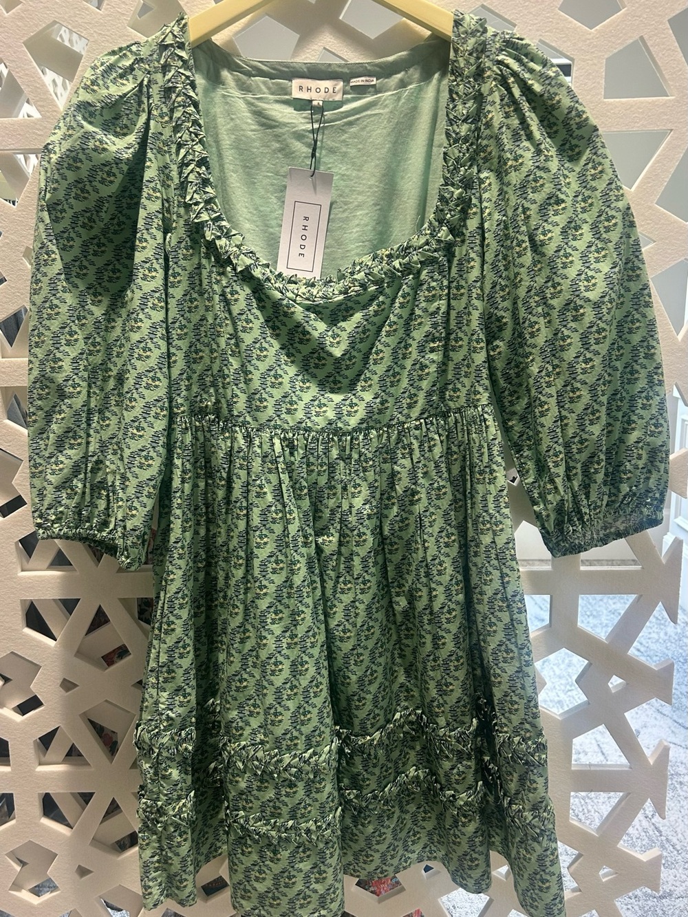 NEW WITH TAGS RHODE Mint Green Floral Mini Dress with Puff Sleeves